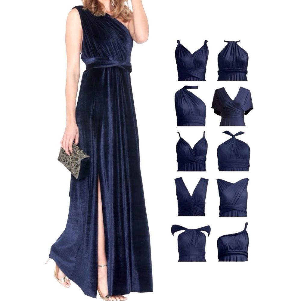 Two Birds Midnight Velvet Slit Convertible Infinity Gown Maxi Dress Sz A